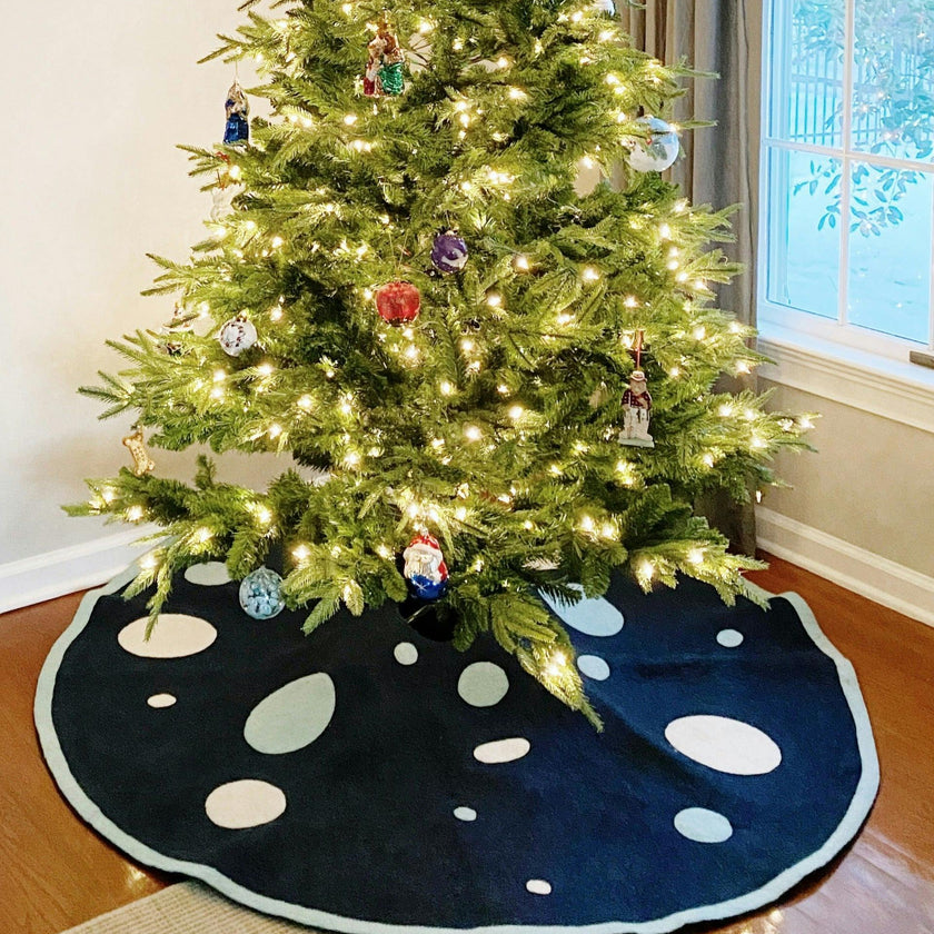 Hand Felted Wool Blue Polka Dots Christmas Tree Skirt 60" Arcadia Home