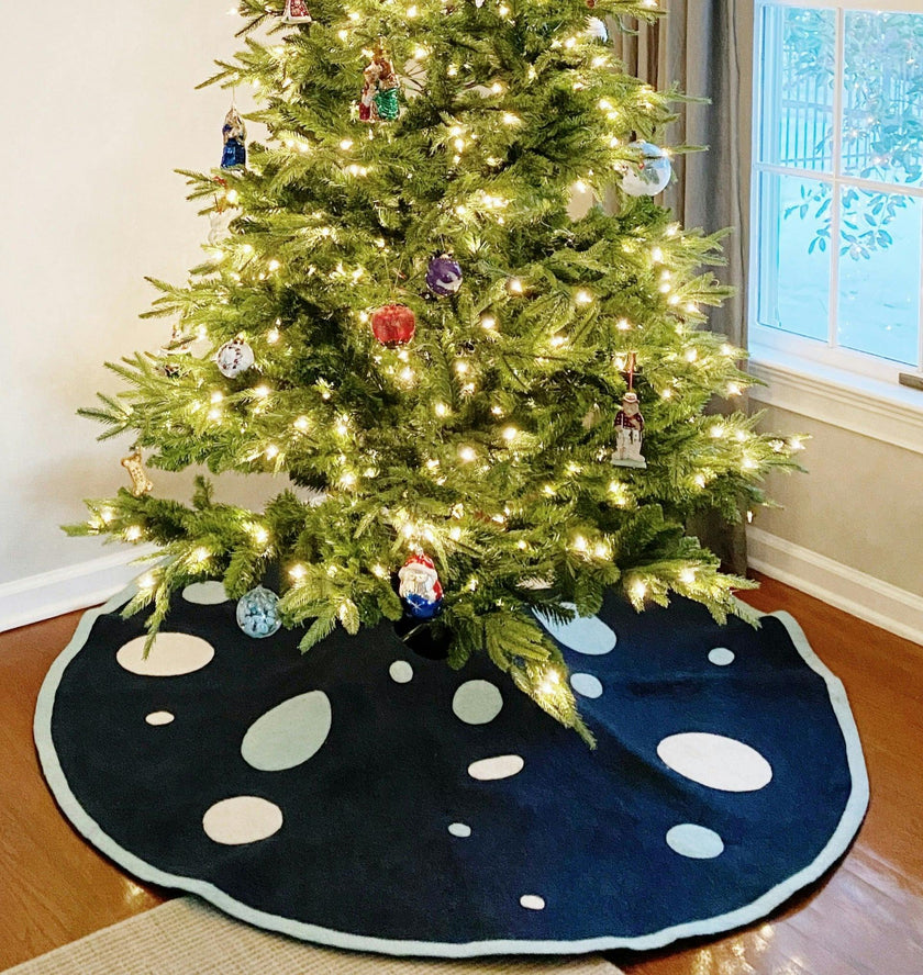 Hand Felted Wool Blue Polka Dots Christmas Tree Skirt 60"