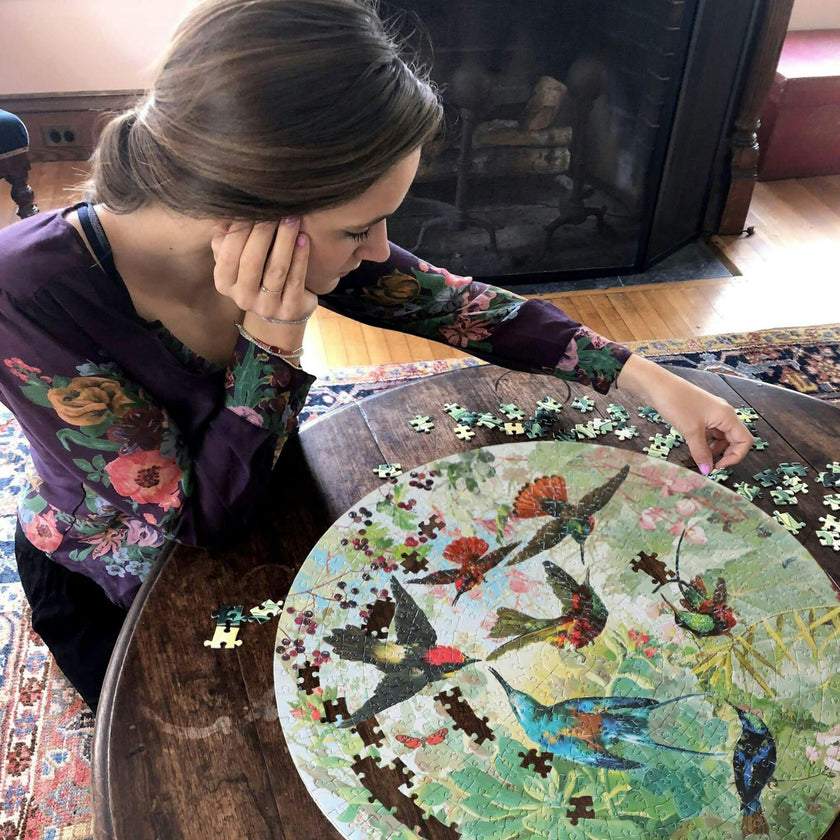 Piece and Love Hummingbirds  Round Jigsaw Puzzle