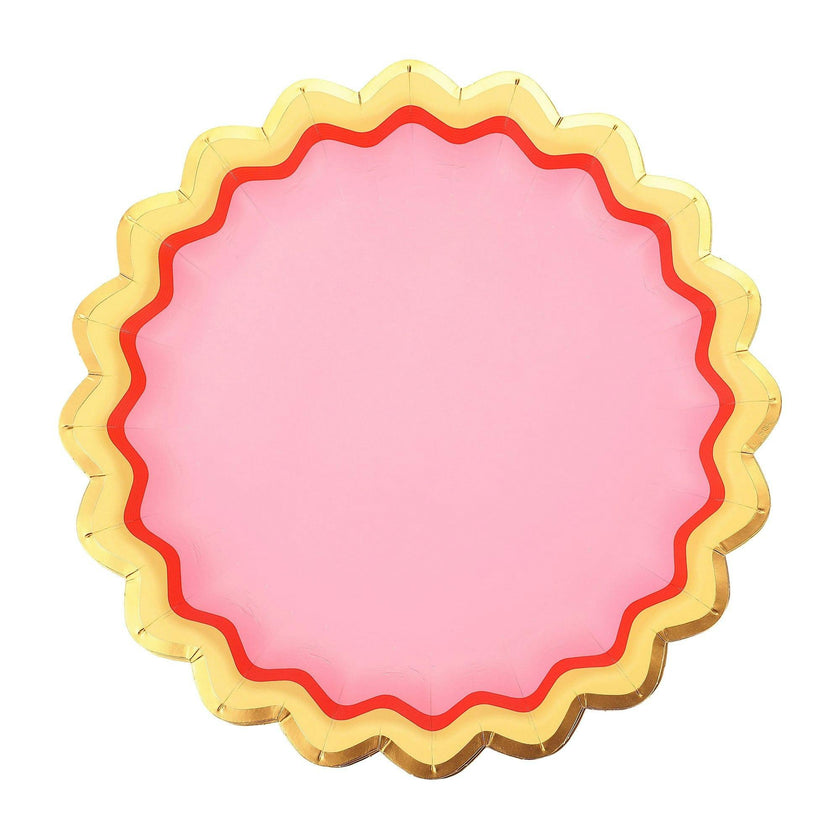 Packed Party Rainbow Ric Rac 10ct Paper Dessert Plates | Gold Foil Scalloped 5-Color Mix Party Plates | 8 Inch Birthday Plates