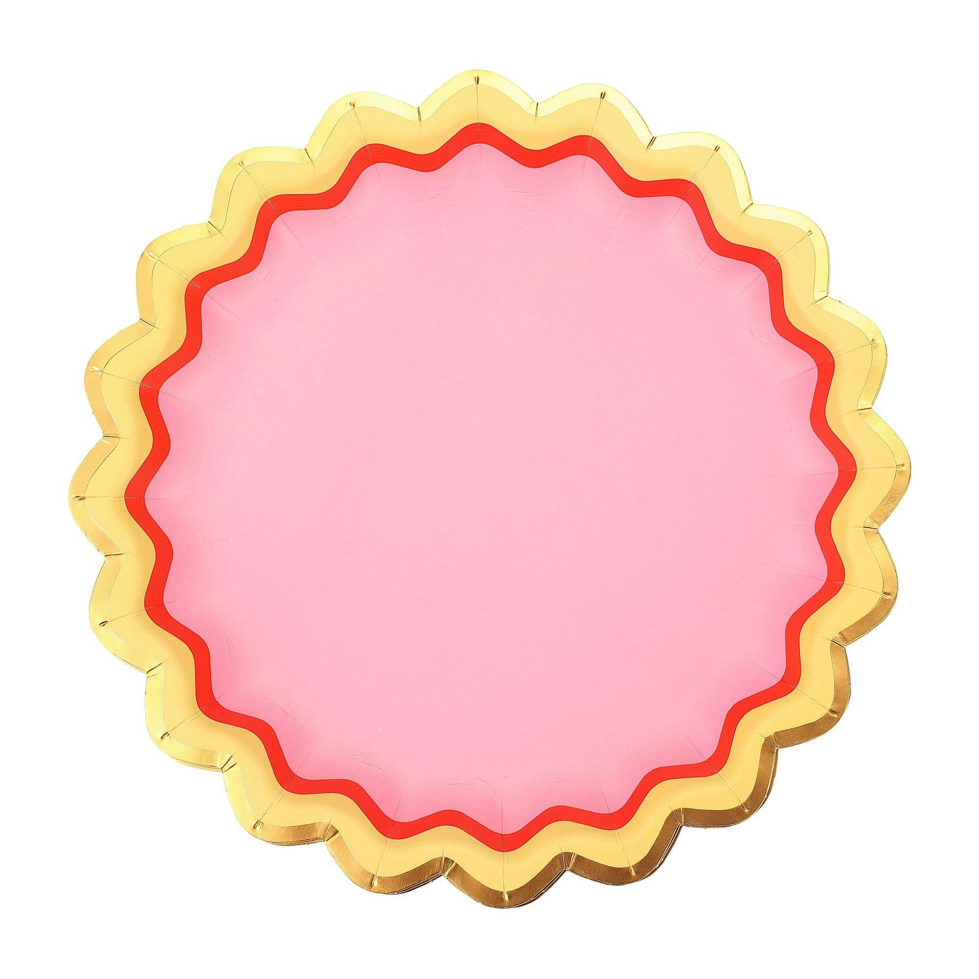 Packed Party Rainbow Ric Rac 10ct Paper Dessert Plates | Gold Foil Scalloped 5-Color Mix Party Plates | 8 Inch Birthday Plates