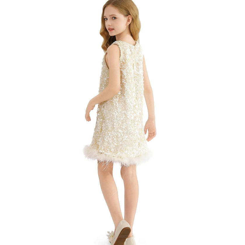Ivory Sequin Feather Dress