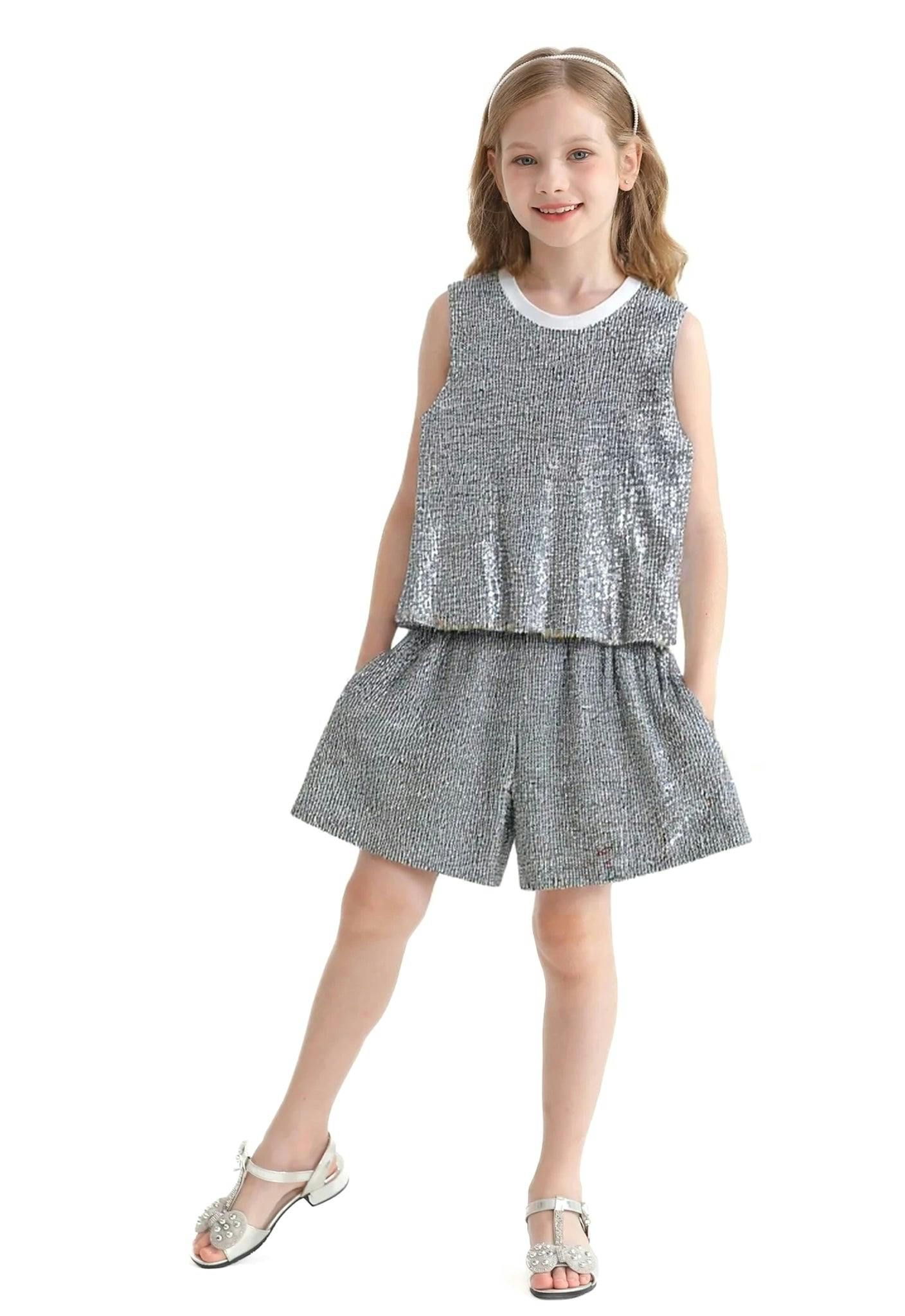Silver Sequin Sleeveless Shorts Set
