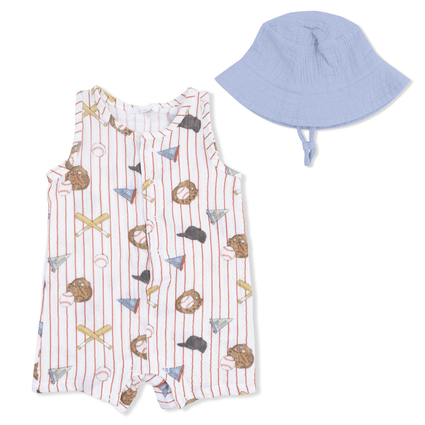 Vintage Baseball Stripe - Muslin Sleeveless Shortie Romper with Bucket Hat