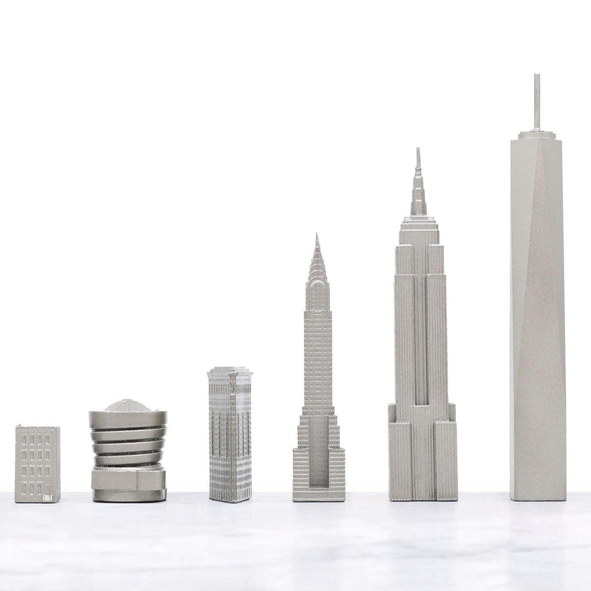 Chess Set Stainless Steel NEW YORK with Wood Map Board