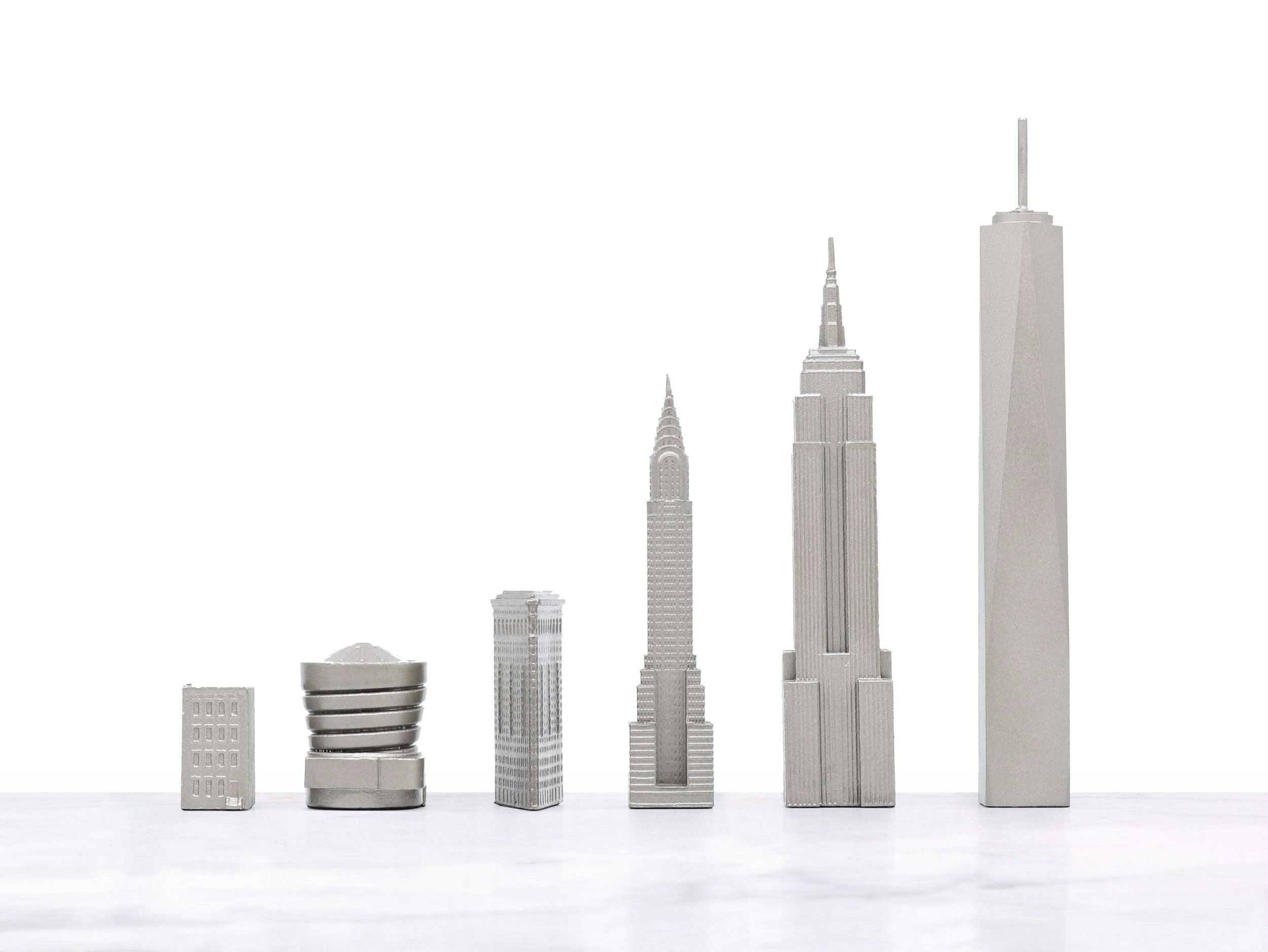 Chess Set Stainless Steel NEW YORK with Wood Map Board