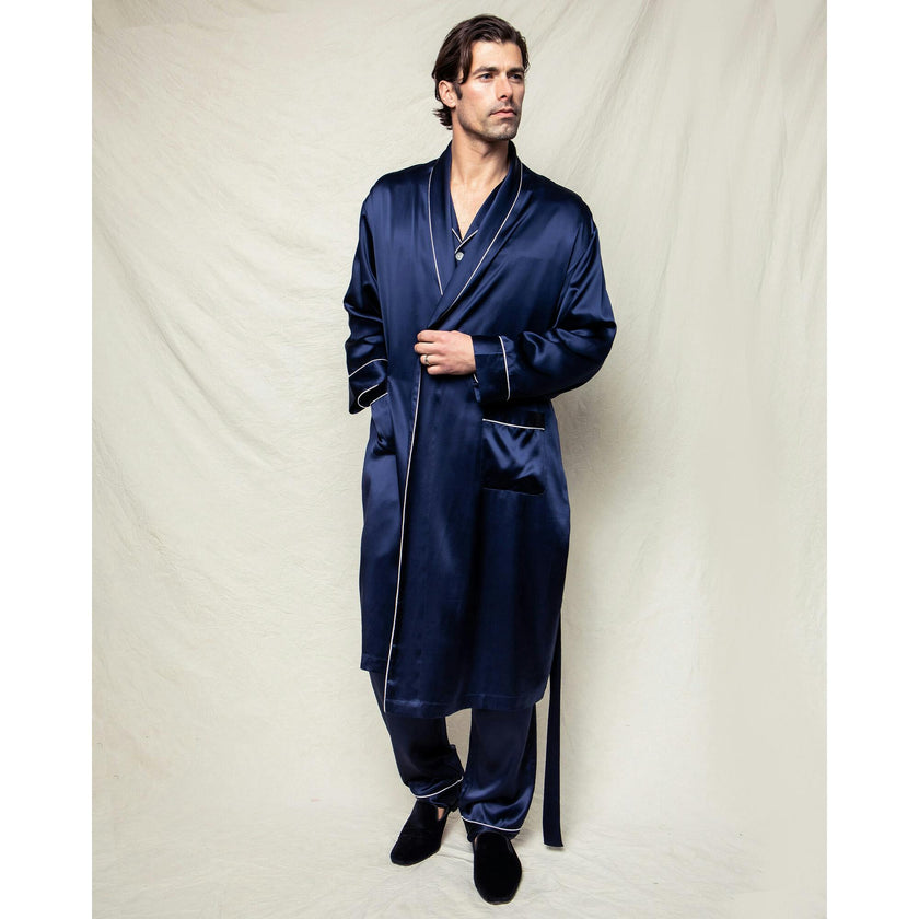 Men's Silk Long Robe in Navy