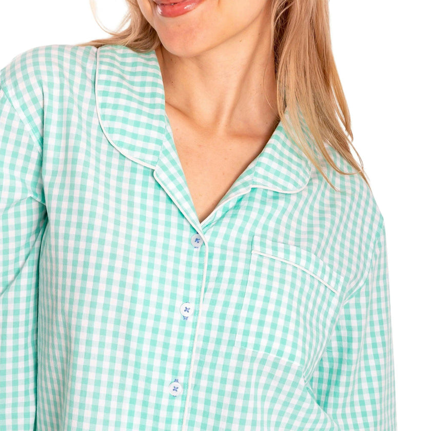 Women's Hepburn Gingham Mint Long PJ Set - Organic Cotton Poplin
