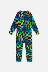 One Piece Thermal Underwear Blue Checkered Print