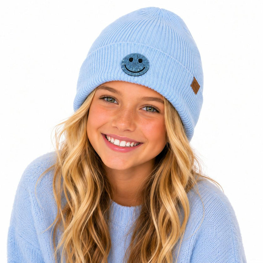 Beanie with Rhinestone Happy Face Patch