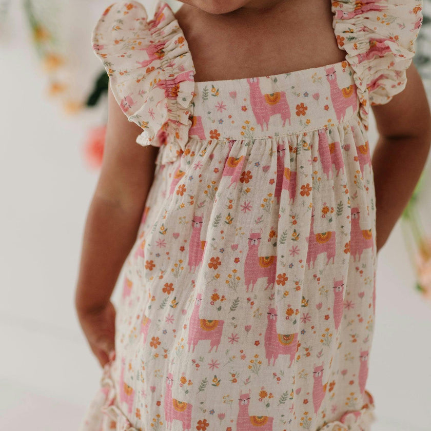 Girls Drop-Waist Peplum Dress in Llamas