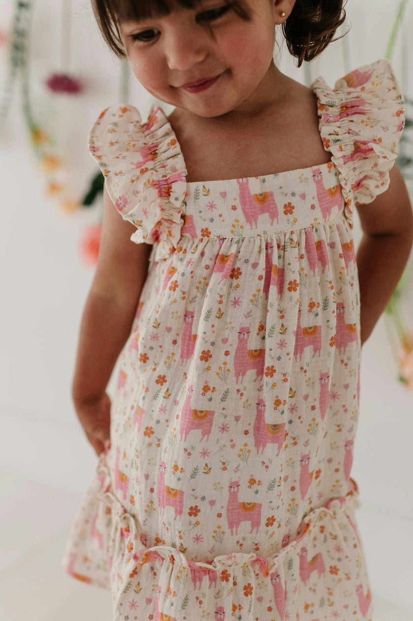 Girls Drop-Waist Peplum Dress in Llamas