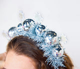 Packed Party Disco Ball Novelty Headband - Silver Tinsel Satin Headband with Multi-Size Disco Balls and Silver Glitter Stars, One Size Fits All