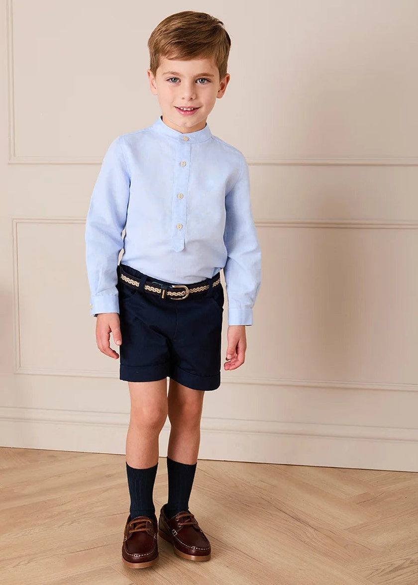 Mao Collar Linen Blend Shirt in Blue (18mths- 10yrs)