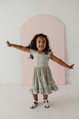 Girls Sleeveless Twirl Dress in Sketched Daisy