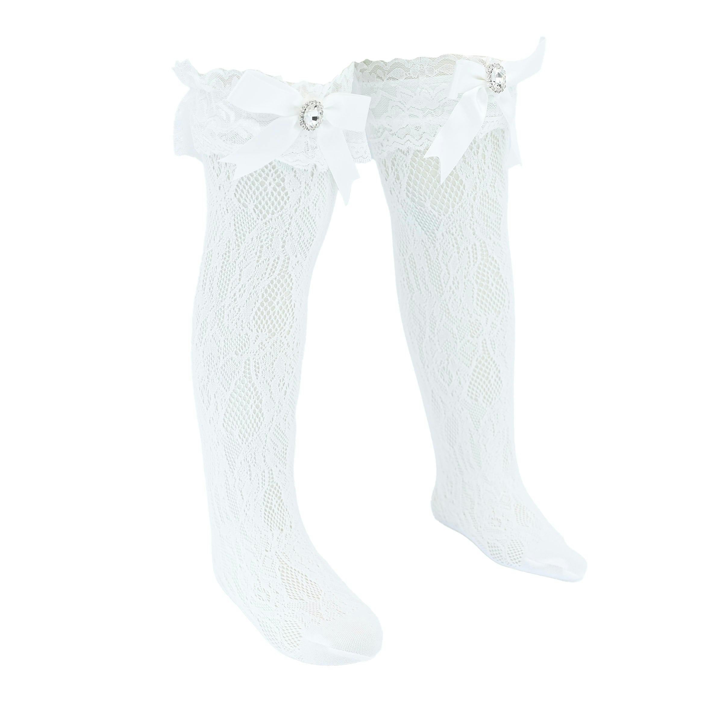 Rhinestone Lace Trim Bow Socks