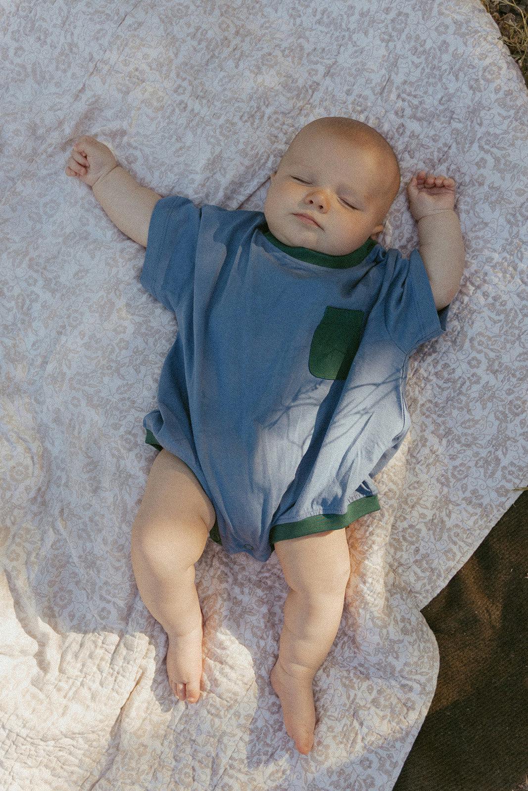 Cory Pocket Romper in Stone Blue