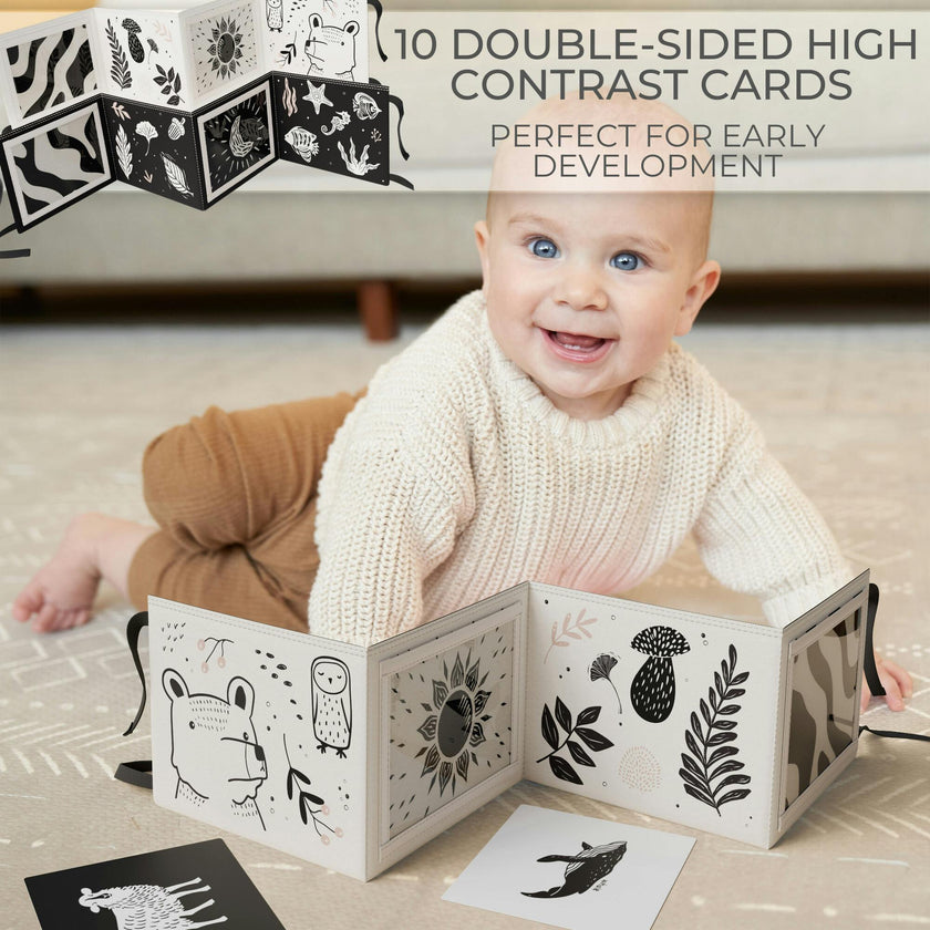 Soft Tummy Time Book w/Large Stimulating Baby Safe Mirror - High Contrast Montessori Toy w/Mirror, Crinkle Filling & Silicone Teether - For Newborn Development