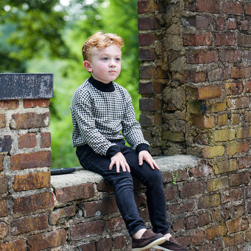 Unisex Soft Gingham Contrast Mock Neck & Cuff Top