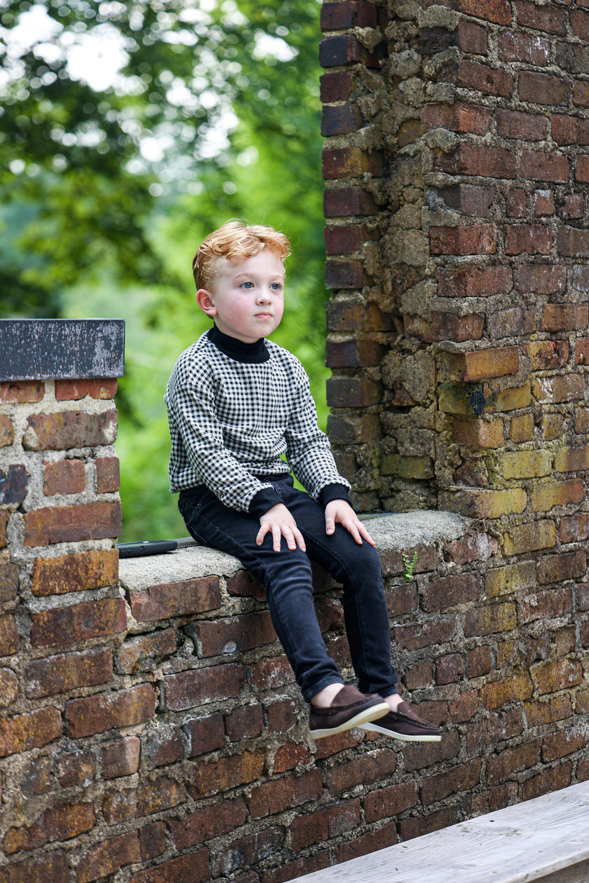 Unisex Soft Gingham Contrast Mock Neck & Cuff Top