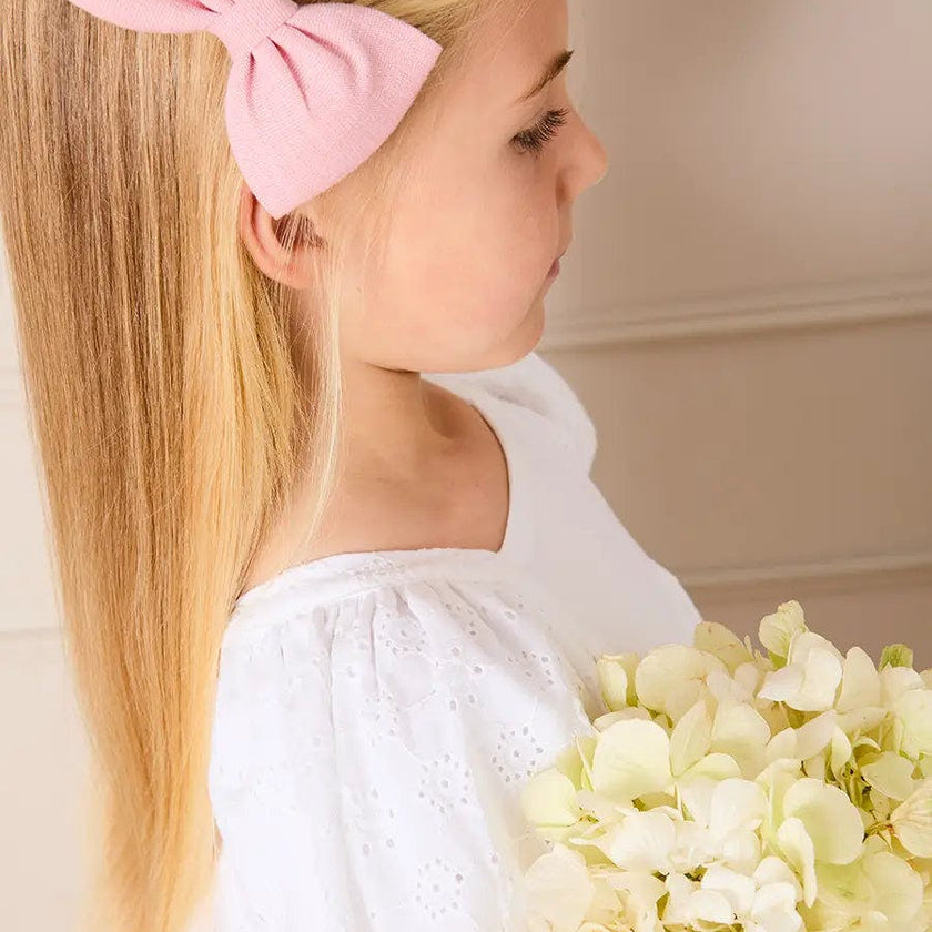 Flower Embroidered Broderie Anglaise Short Sleeve Dress in White (12mths-12yrs)