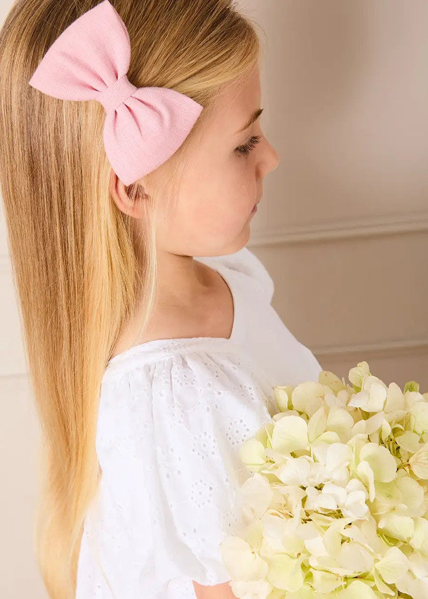 Flower Embroidered Broderie Anglaise Short Sleeve Dress in White (12mths-12yrs)