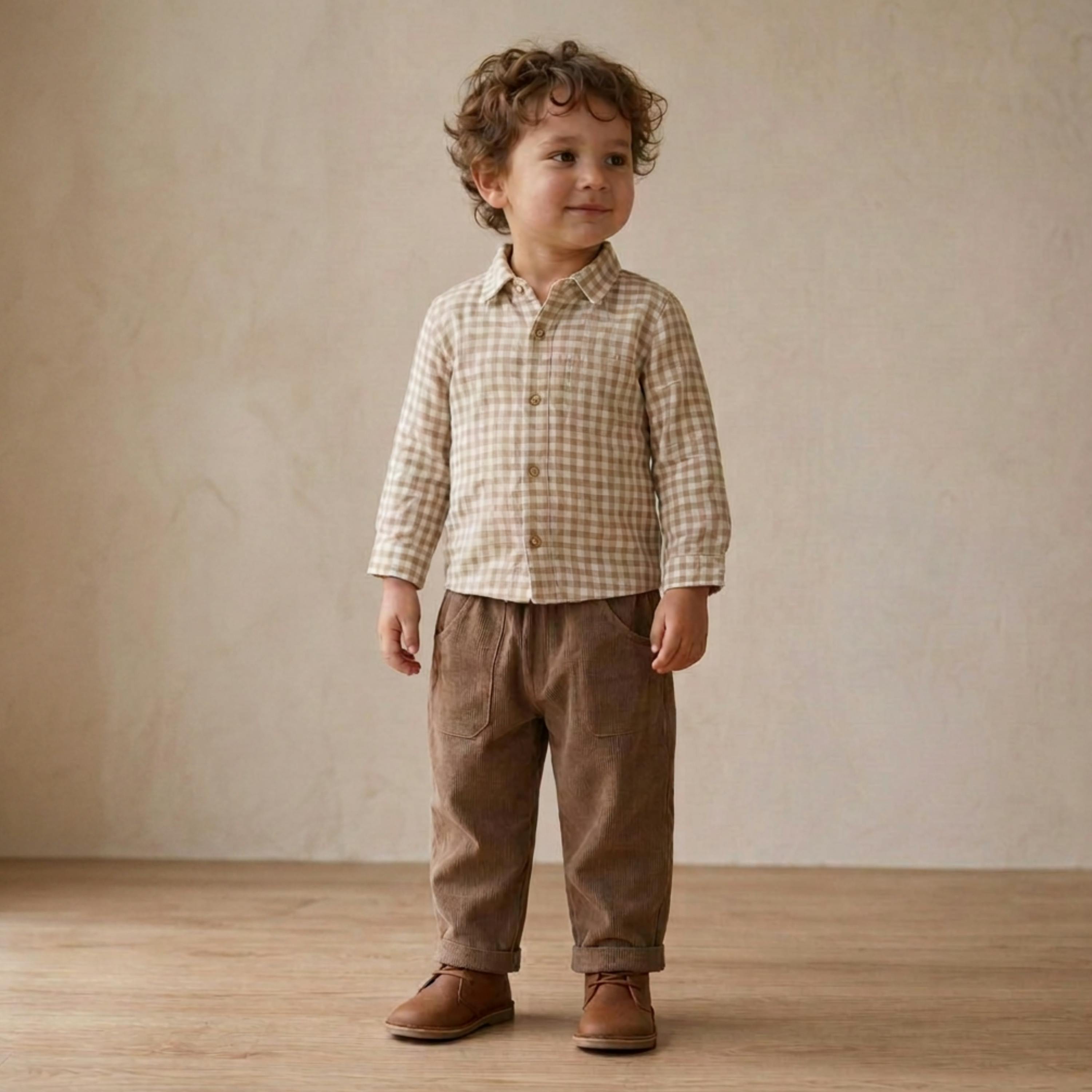 Organic Collared Long Sleeve Shirt - Oat Gingham