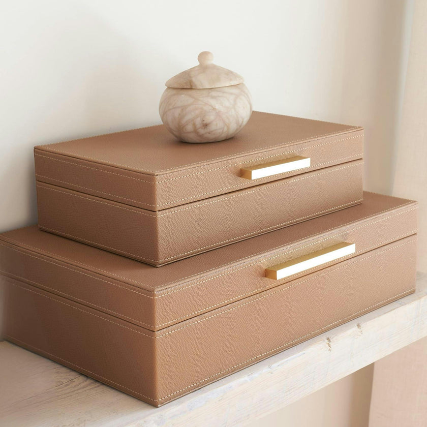 Decorative Storage Boxes with Lids - Set of 2 PU Leather Organizer Bins for Bookshelf Decor - Store Photos, Documents and Memory Box Keepsakes in Style
