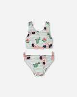 Two-Piece Swimsuit Blue Flamingo And Cactus Print