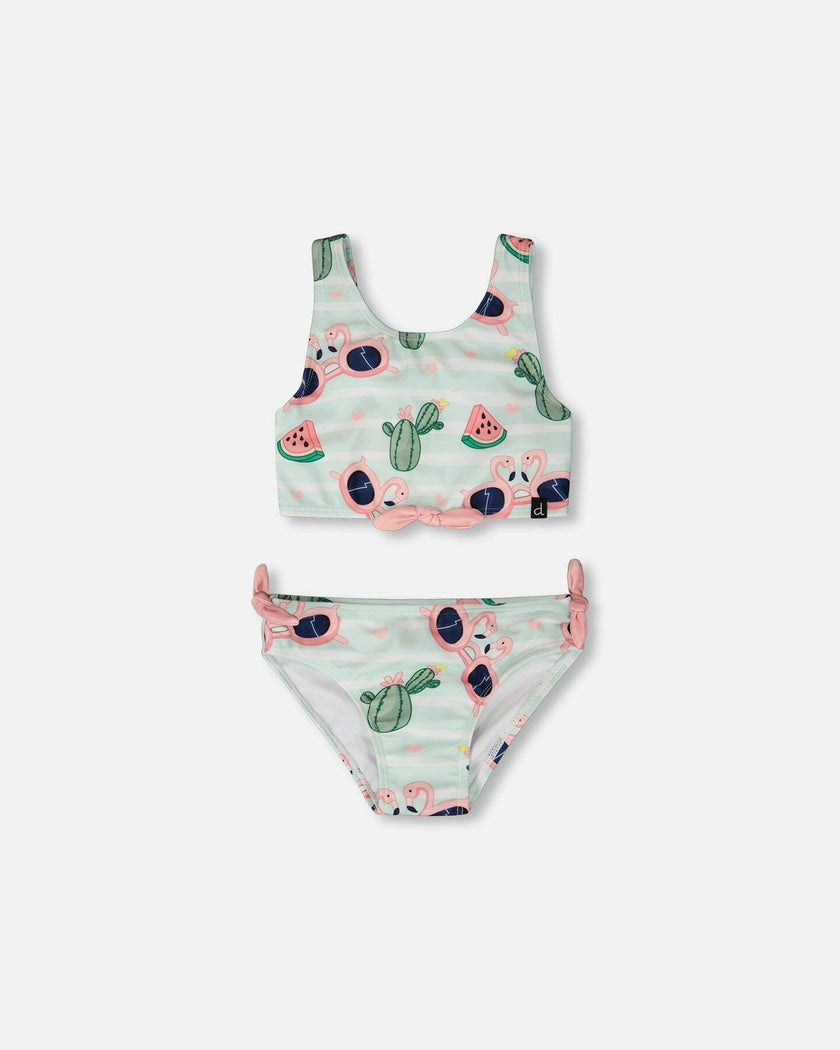 Two-Piece Swimsuit Blue Flamingo And Cactus Print