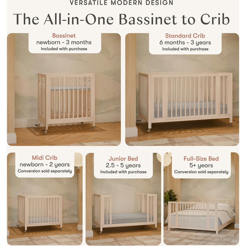Rolli 9-in-1 Convertible All-Stages® Crib with Bassinet & Toddler Bed Conversion Kits in Washed Natural