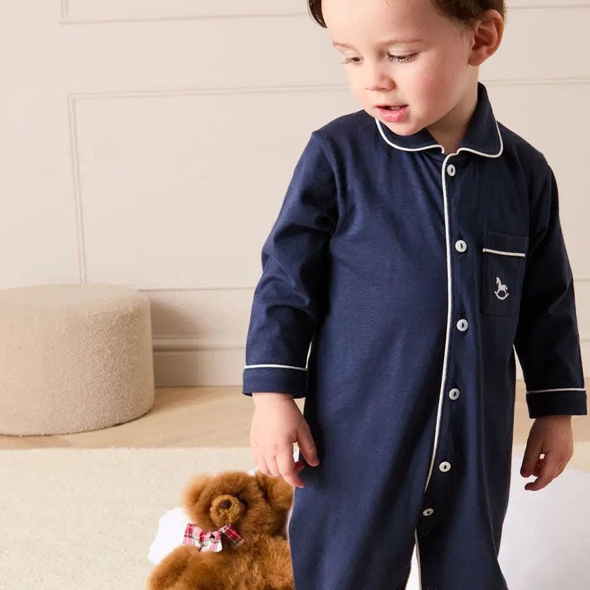 Rocking Horse Embroidered Pima Cotton All In One Pyjamas in Navy (6mths-3yrs)