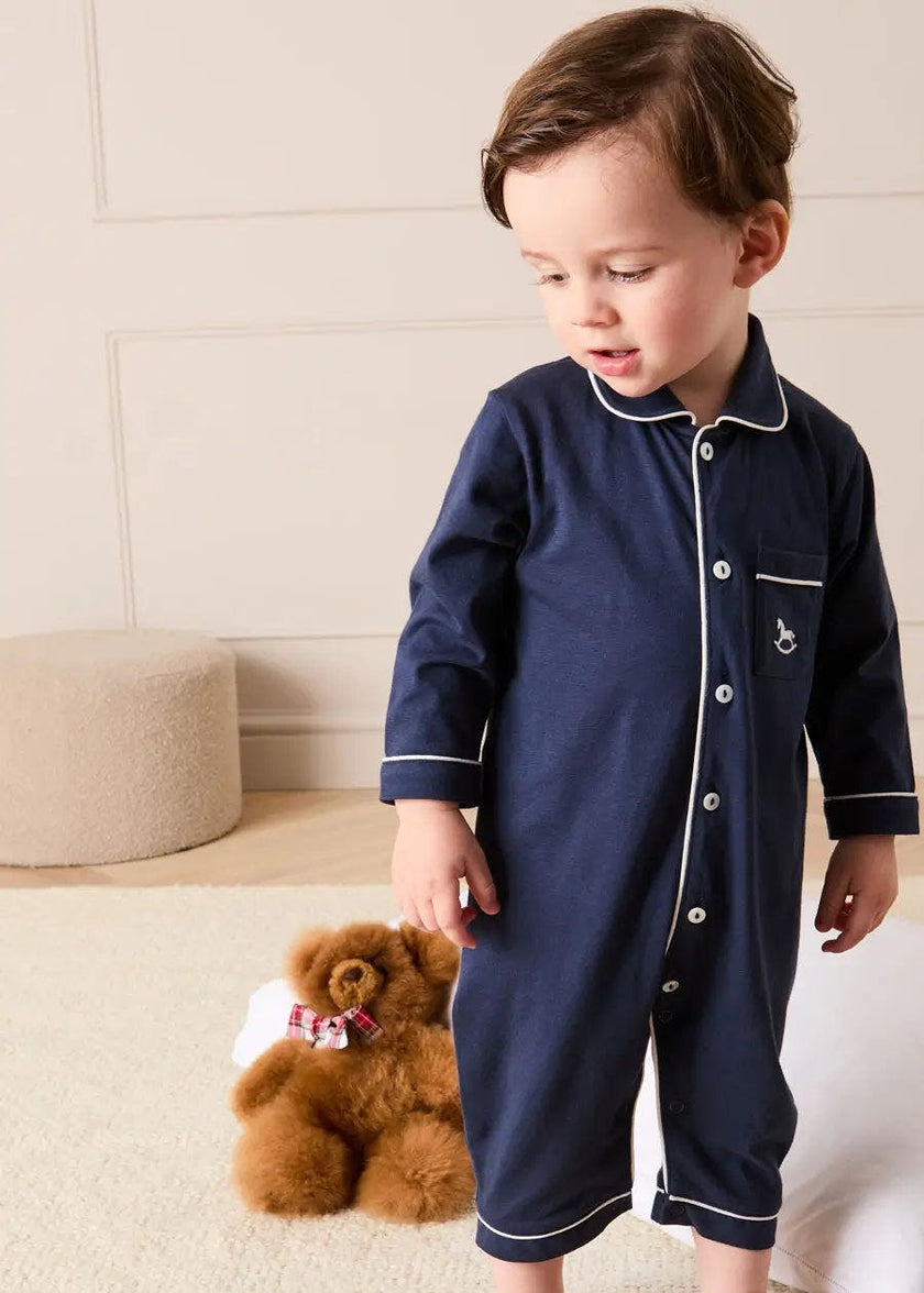 Rocking Horse Embroidered Pima Cotton All In One Pyjamas in Navy (6mths-3yrs)