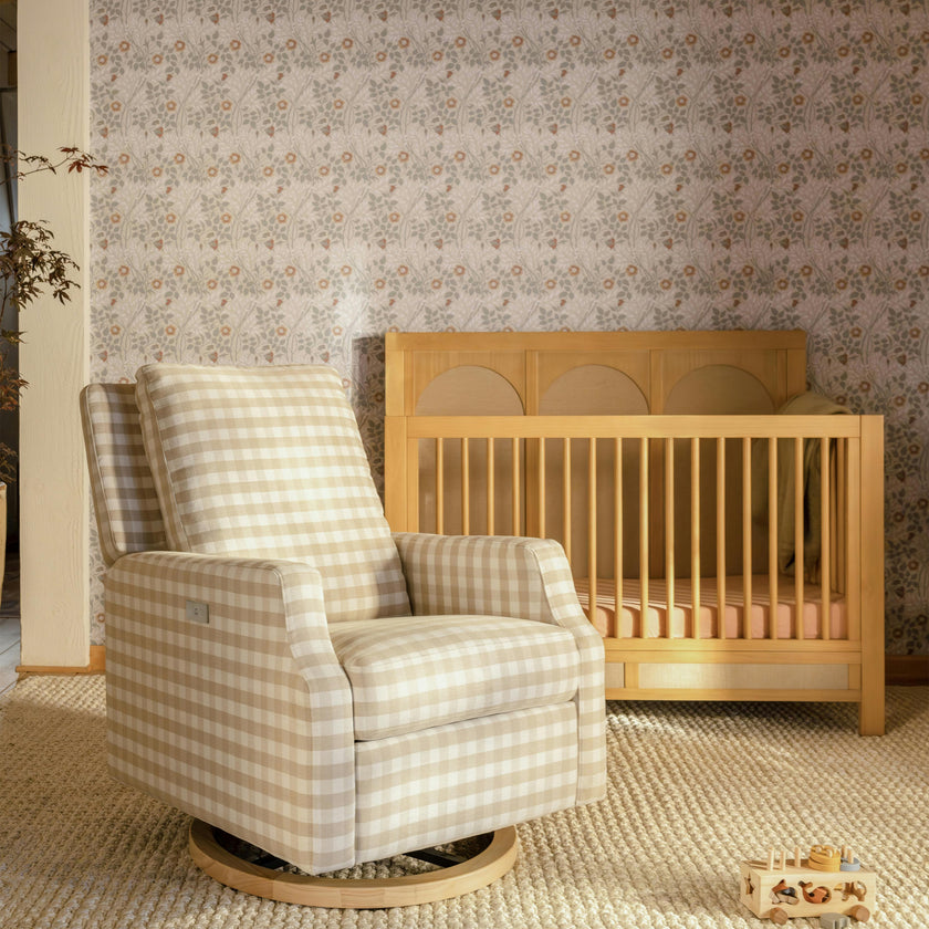 Crewe Electronic Recliner and Swivel Glider in Tan Gingham with Light Wood Base