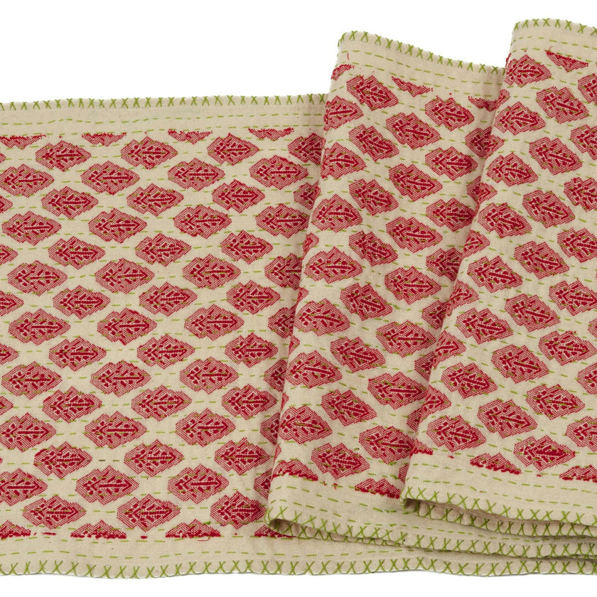 Artisan Hand Loomed Cotton Table Runner - Red Green Stitching - 18"x96"