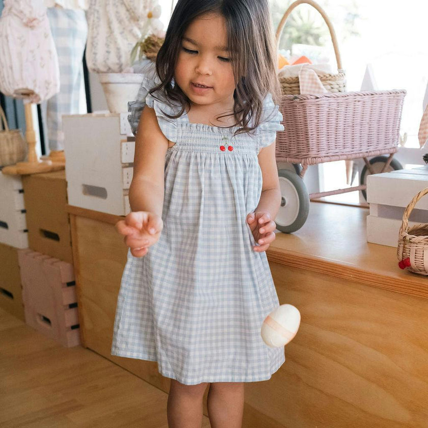 Smock Flutter Dress in Blue Gingham/Cherry