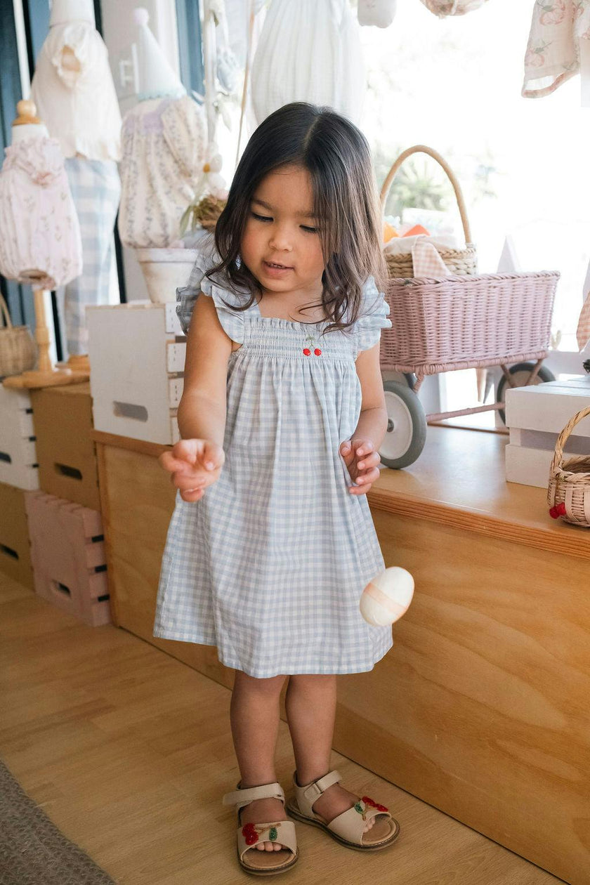 Smock Flutter Dress in Blue Gingham/Cherry