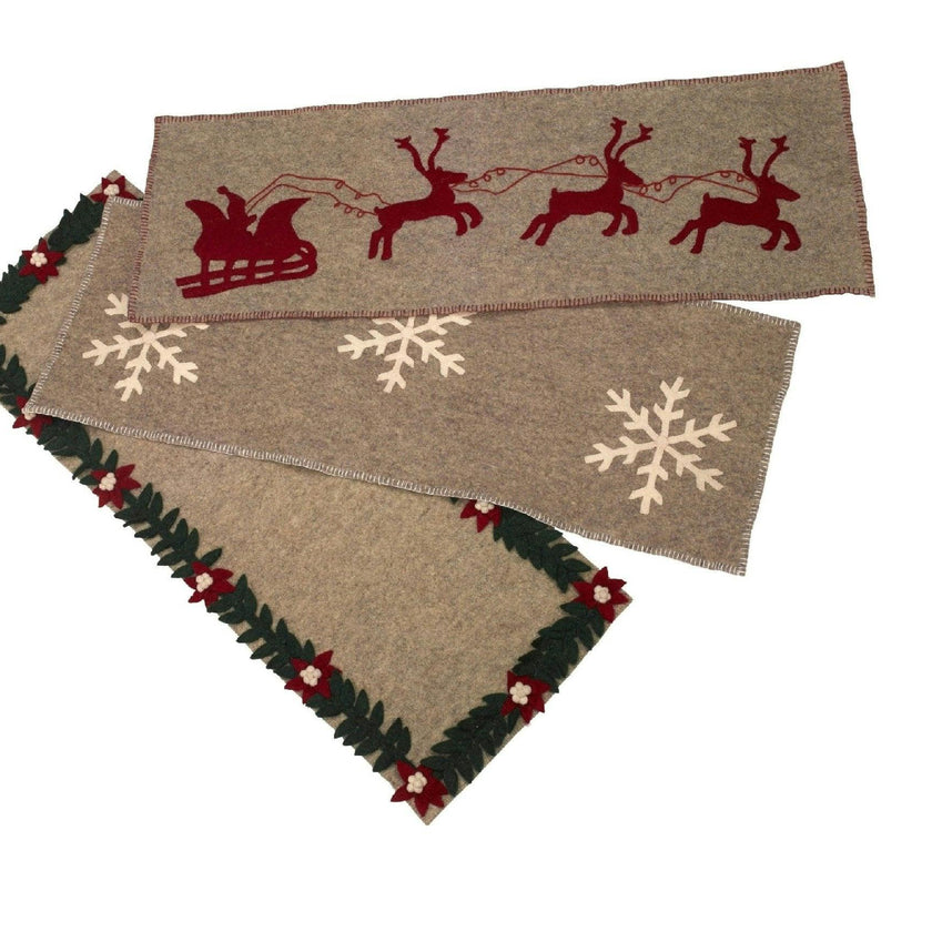 Gray Hand Felted Wool Christmas Table Runner - Snowflakes - 16"x44" Arcadia Home