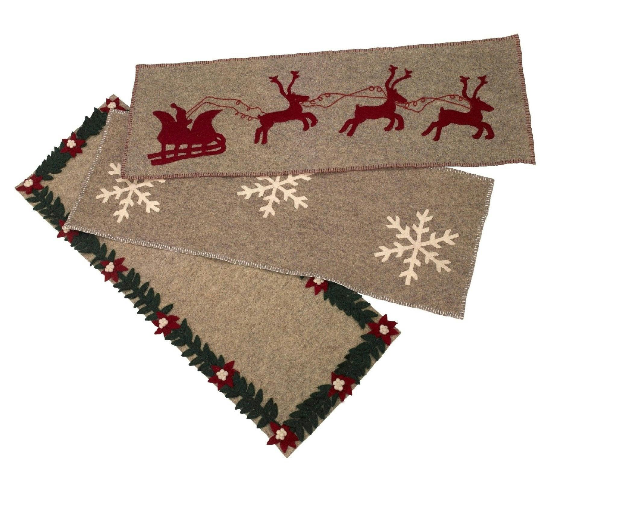 Gray Hand Felted Wool Christmas Table Runner - Snowflakes - 16