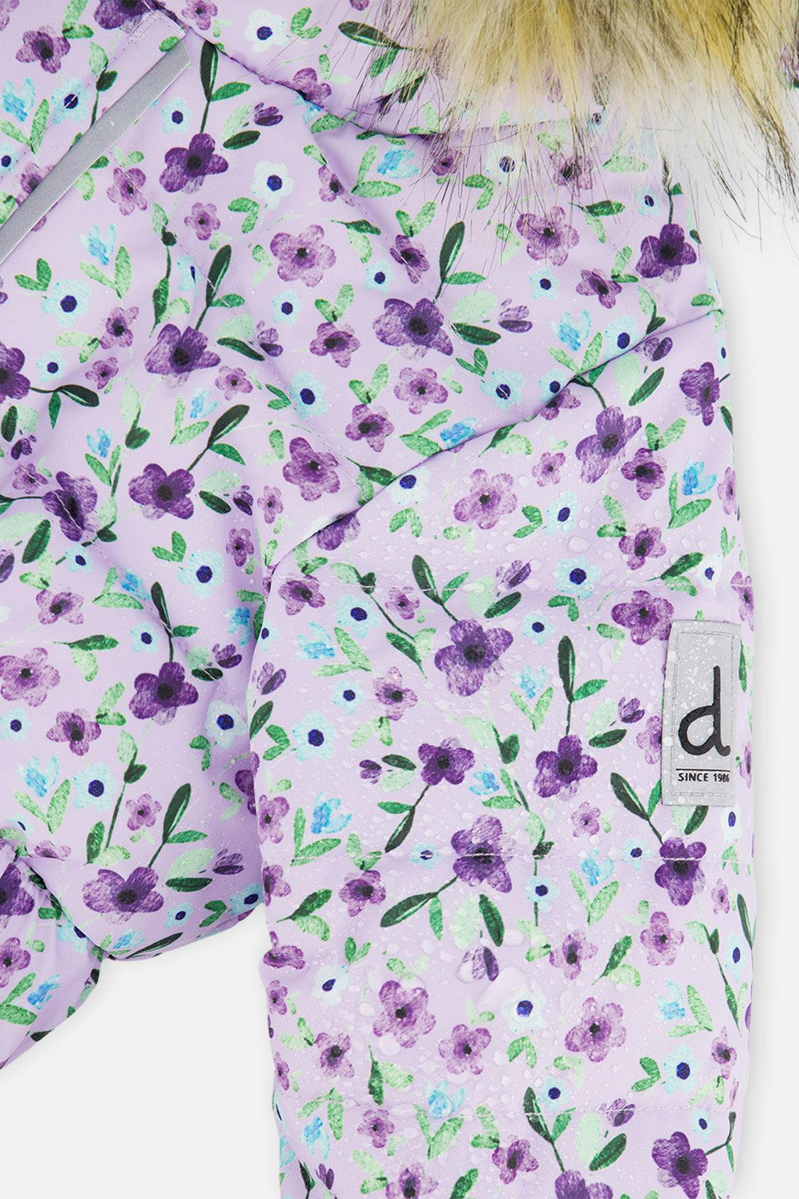 Baby Original One Piece Puffy Snowsuit With Removable Mittens And Boots Purple Printed Mini Flowers