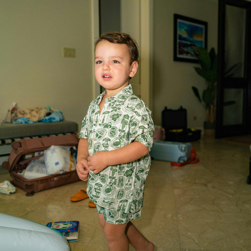 The Passport to Paradise - Boys Linen Passport Stamp Hawaiian Shirt