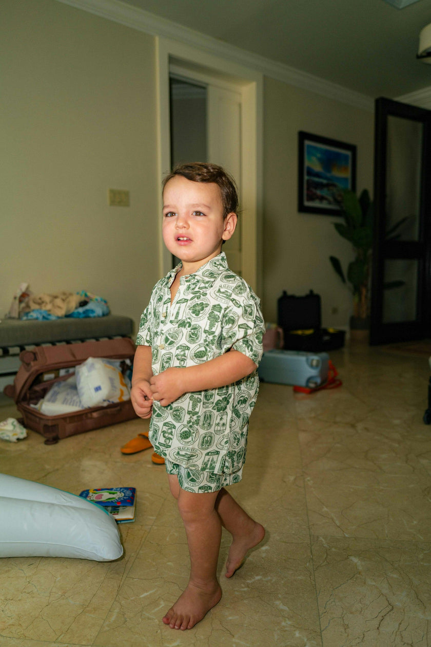 The Passport to Paradise - Boys Linen Passport Stamp Hawaiian Shirt
