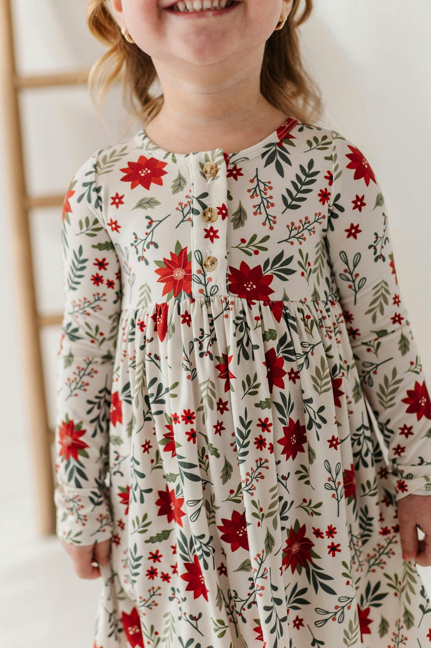 Girls Long Sleeve Henley Dress in Poinsettia
