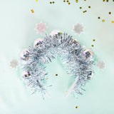 Packed Party Disco Ball Novelty Headband - Silver Tinsel Satin Headband with Multi-Size Disco Balls and Silver Glitter Stars, One Size Fits All