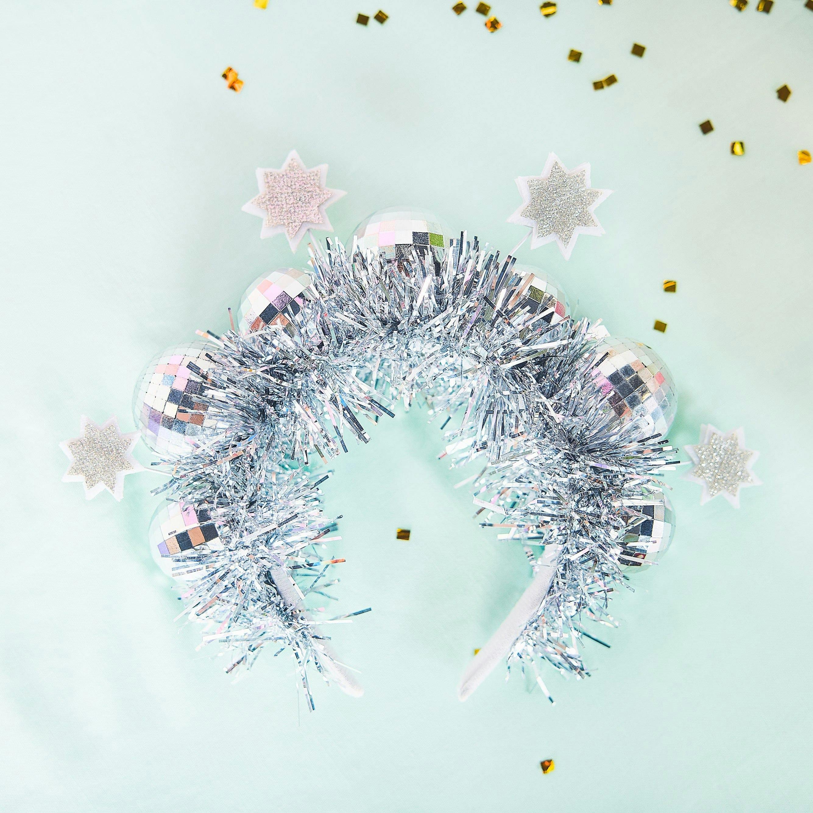 Packed Party Disco Ball Novelty Headband - Silver Tinsel Satin Headband with Multi-Size Disco Balls and Silver Glitter Stars, One Size Fits All