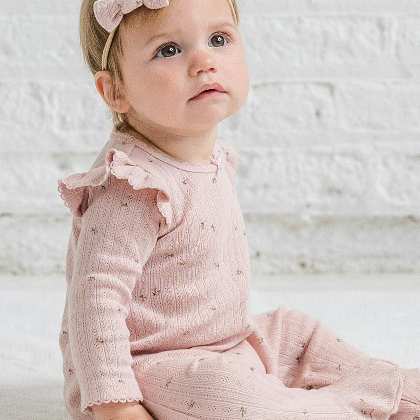 Addy Brushed Back Pointelle Flutter Sleeve Footed Romper