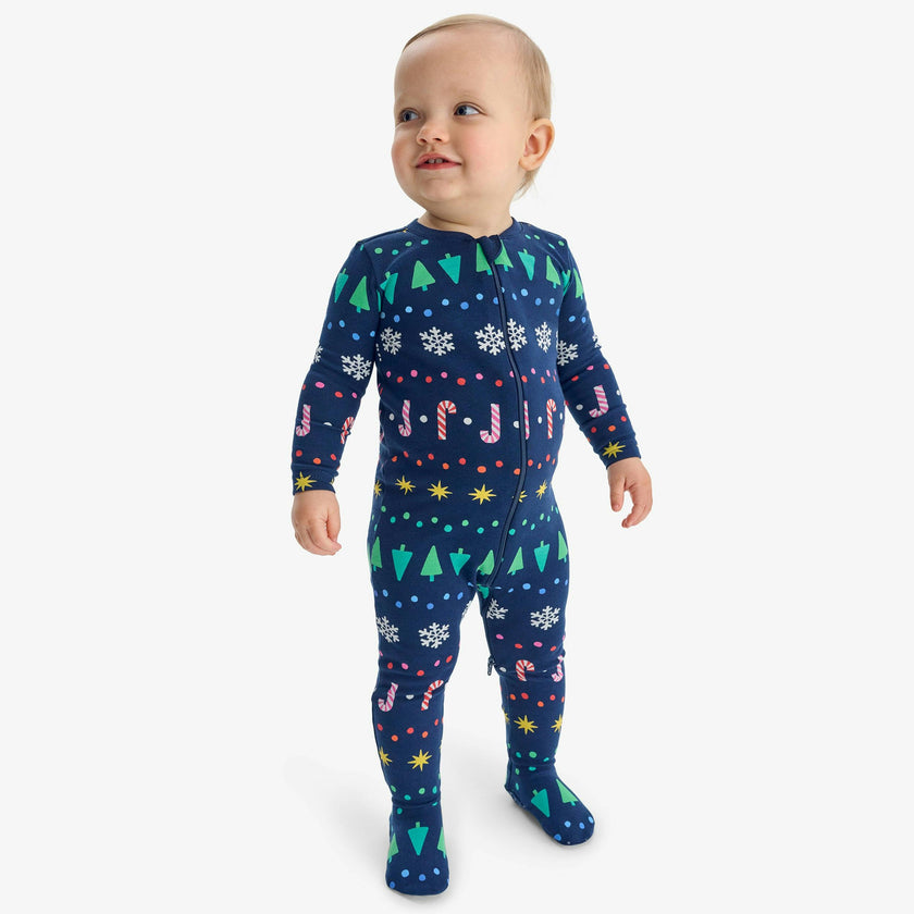 Baby organic zip footie in rainbow fair isle