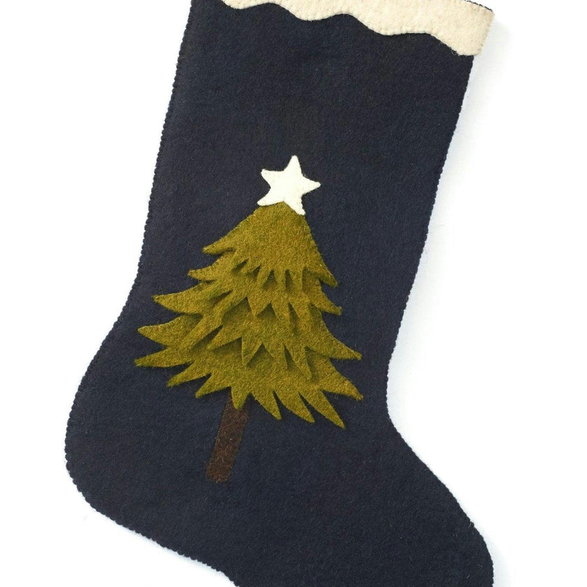 Hand Felted Wool Christmas Stocking - Tree Navy Blue Arcadia Home