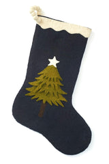 Hand Felted Wool Christmas Stocking - Tree Navy Blue Arcadia Home