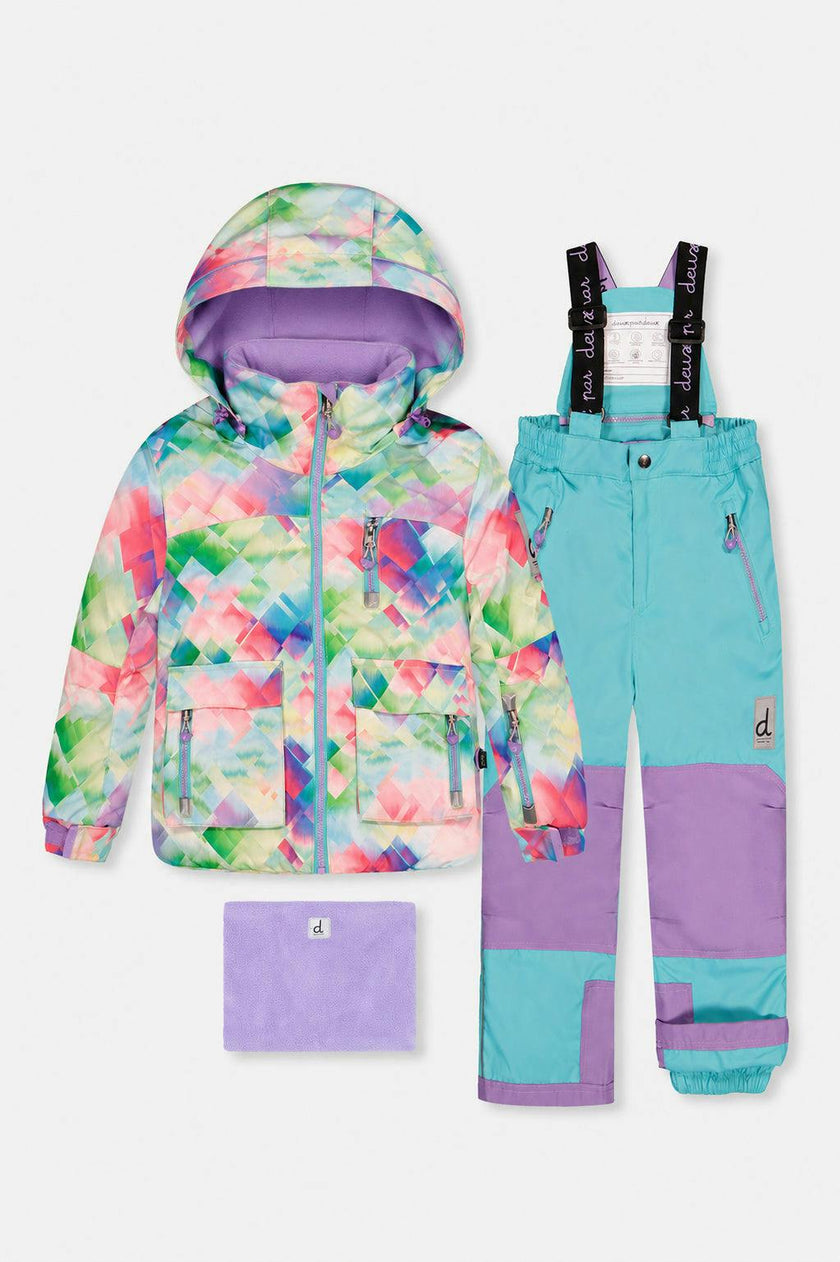 Two Piece Play Snowsuit Multicolored With A Diamond Pattern With Turquoise And Purple Pants
